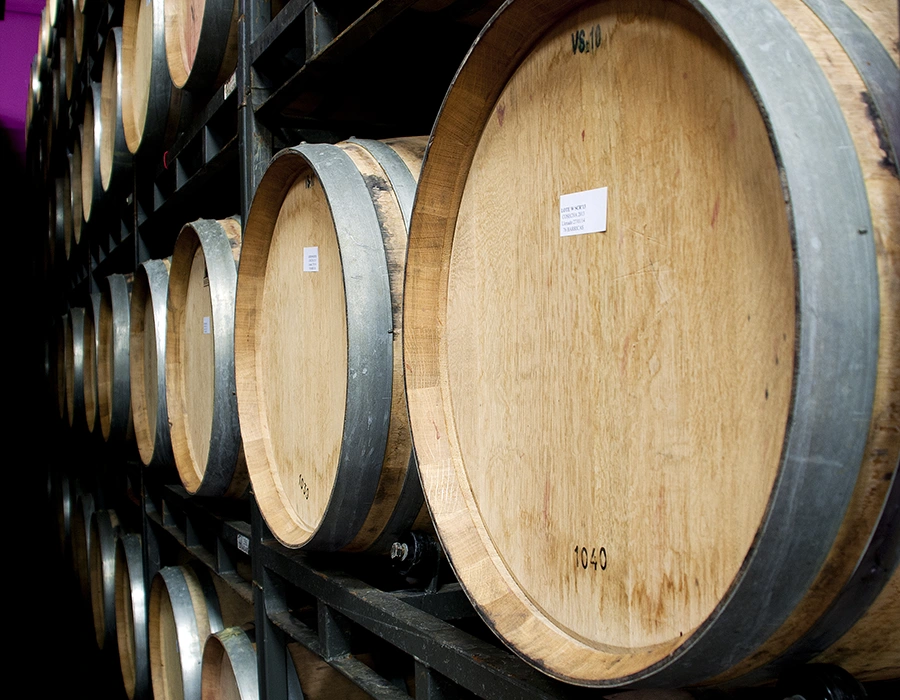 Sala de barricas de roble de Bodegas Elías Mora