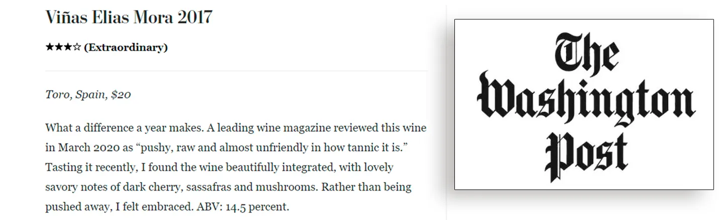 Reseña del Washington Post de Viñas Elías Mora 2017, donde recibe 3 estrellas y media sobre 4. El texto dice: "What a difference a year makes. A leading wine magazine reviewed this wine in March 2020 as “pushy, raw and almost unfriendly in how tannic it i